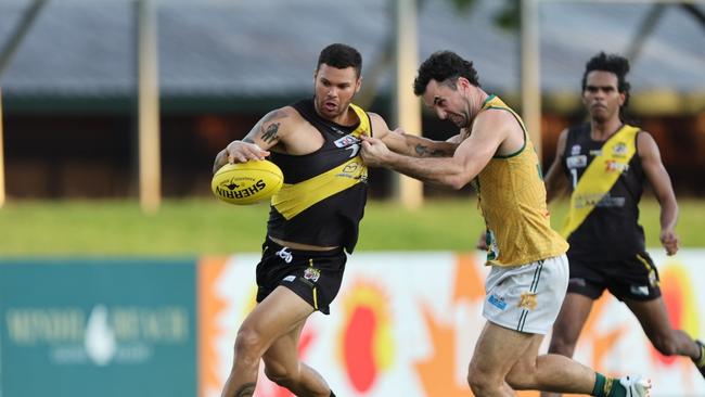 Brandan Parfitt playing for the Nightcliff Tigers against St Mary's in the 2024-25 NTFL prelim final. Picture: Pema Tamang Pakhrin