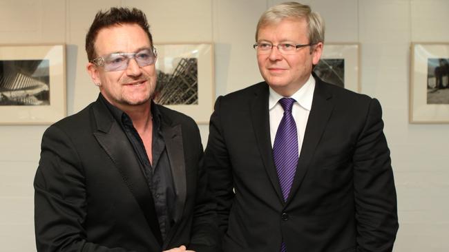 U2's Bono and Australian Foreign Minister Kevin Rudd discuss aid for HIV sufferers at the Sydney Opera House on November 28, 2010. Picture: Getty