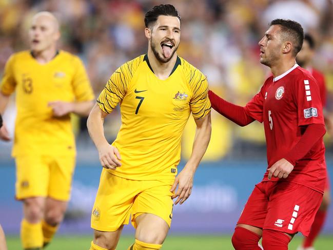 SYDNEY, AUSTRALIA - NOVEMBER 20: Matthew Leckie of Australia celebrates scoring a goal during the International Friendly Match between the Australian Socceroos and Lebanon at ANZ Stadium on November 20, 2018 in Sydney, Australia. (Photo by Mark Kolbe/Getty Images)