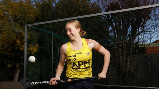 Maddi Brooks at home in Hobart. Tasmanian Maddi Brooks 19 has been named in the Paris 2024 Olympic women's hockey team as a travelling reserve. Picture: Nikki Davis-Jones