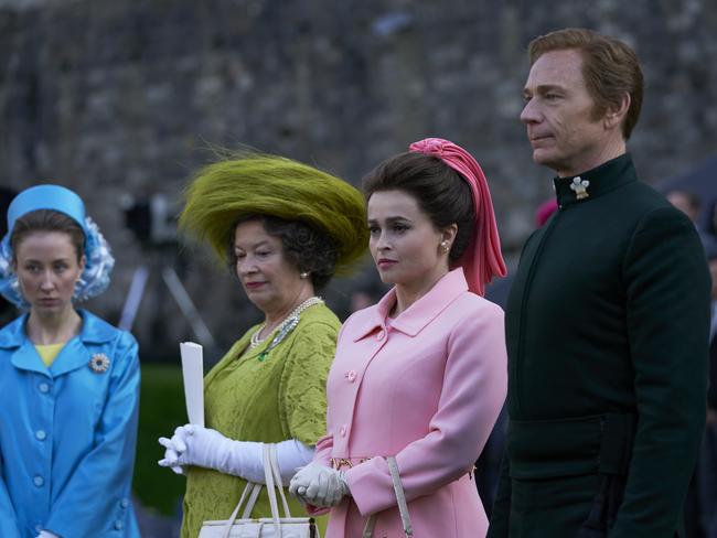 Erin Doherty, Marion Bailey, Helena Bonham Carter and Ben Daniels in a scene from The Crown. Supplied by Netflix.