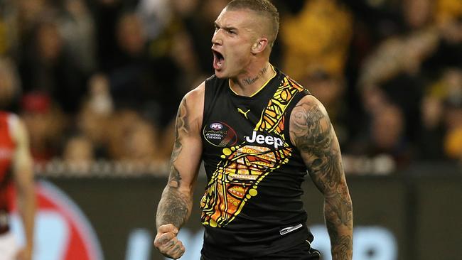 Dustin Martin celebrates a goal. Picture: Wayne Ludbey