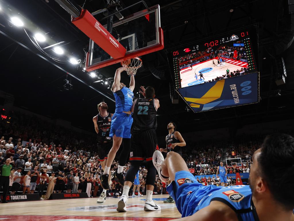 Melbourne United’s Jack White gets up for a dunk. Picture: Getty Images