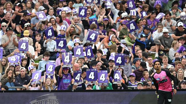 Fans celebrate during the BBL Qualifier match between the Hobart Hurricanes and Sydney Sixers at Ninja Stadium on January 21, 2025 in Hobart, Australia. Picture: Steve Bell/Getty Images