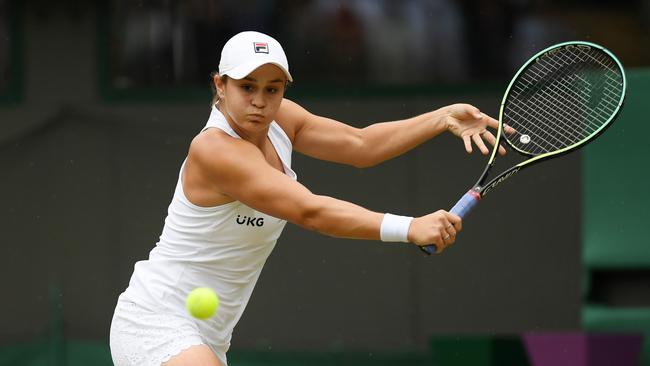 Ashleigh Barty plays a backhand in her match against Barbora Krejcikova.