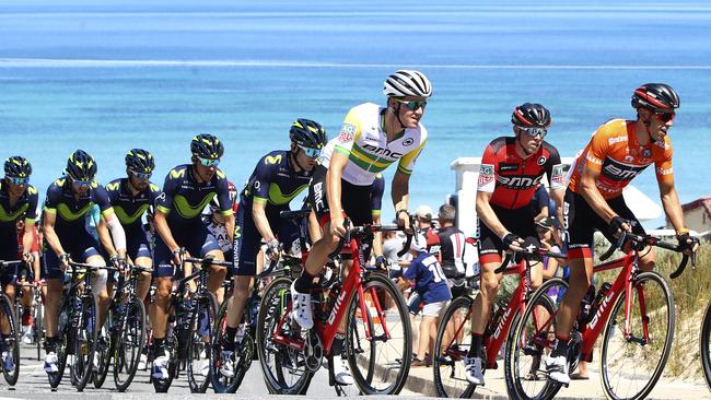 Reigning Tour Down Under champion Richie Porte leads the way from McLaren Vale to Willunga during last year’s event. Picture: Sarah Reed