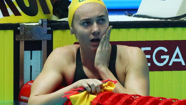 Ariarne Titmus reacts after beating Katie Ledecky in the 400m freestyle Final in South Korea. Picture: Getty Images