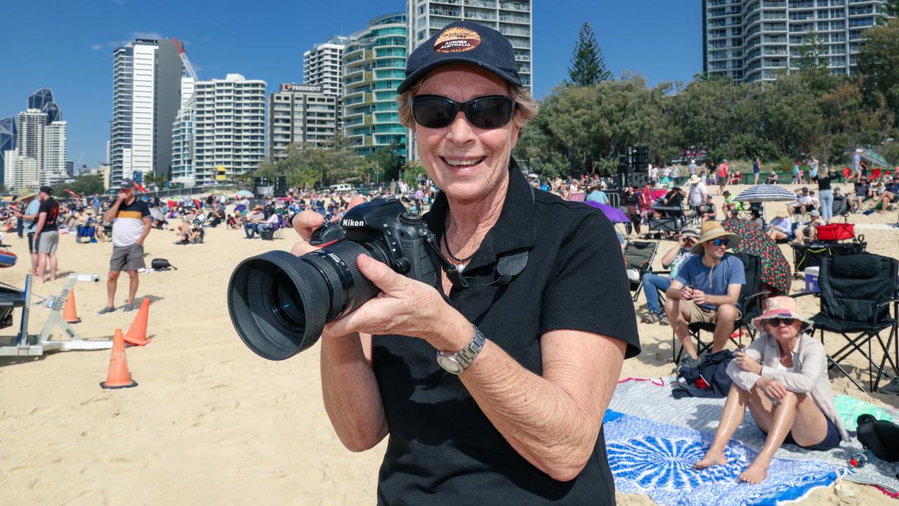 Kate Barrington enjoying the inaugural Pacific Air Show over Surfers Paradise. Picture: Glenn Campbell