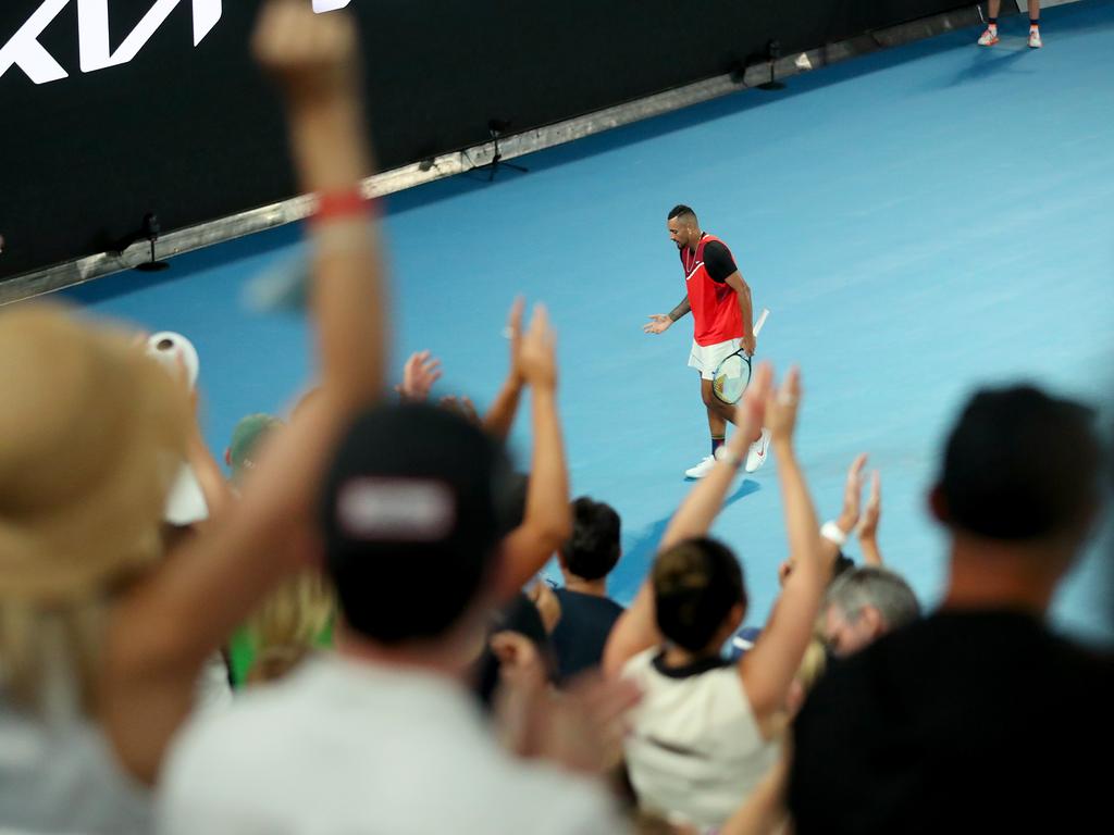 Nick Kyrgios had moments of both positive and infuriated interaction with the crowd at Rod Laver Arena. Picture: Kelly Defina/Getty Images