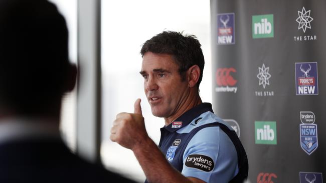 NSW Blues coach Brad Fittler speaking to the media at the Sofitel Sydney Darling Harbour, after his team lost the Ampol State of Origin series last night. Picture: Jonathan Ng