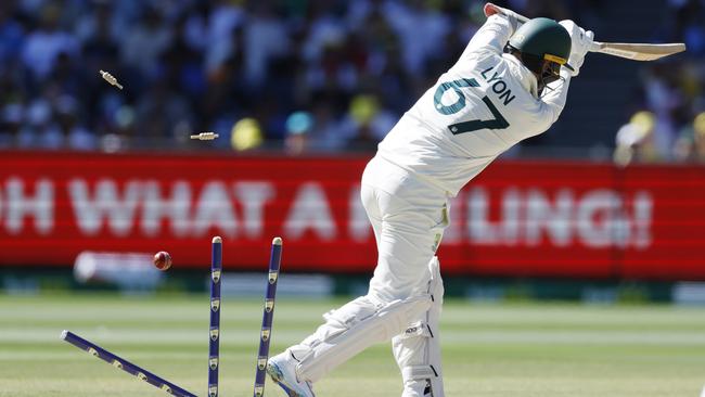 Jasprit Bumrah made a mess of Nathan Lyon’s stumps in the second over of day five. Picture: Michael Klein