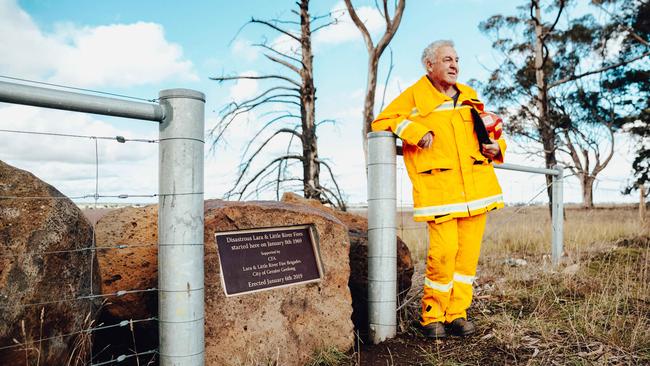 Terry Hedt with the plaque memorial for the people who lost their lives on the Princes Freeway during the Lara bushfires of 1969. It took Terry two years to organise and build the memorial. Picture: Chloe Smith