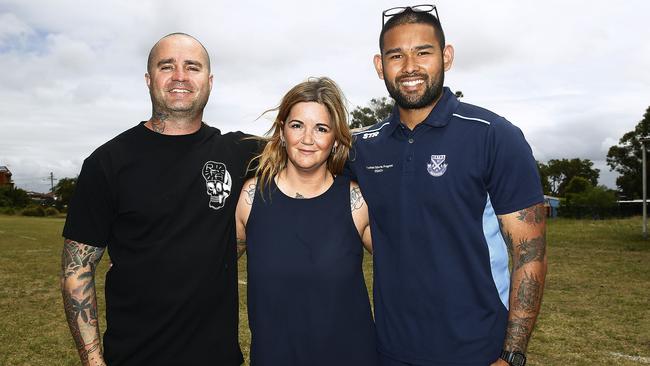 Ben Higgs from the Rise Foundation with Matraville Sports High School teacher aide Ashley Taylor and director of sport Andrew Bobadilla at the Mental Wellness Gala day. Picture: John Appleyard