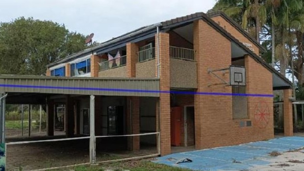 Broadwater Public School was hit hard by the 2022 floods. The blue line indicates the height the flood waters reached.