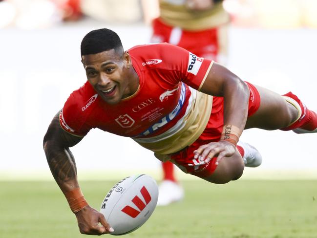 Jamayne Isaako of the Dolphins scores a try during the round one NRL match between the Dolphins and Sydney Roosters at Suncorp Stadium on March 05, 2023 in Brisbane, Australia. Picture: NRL Photos