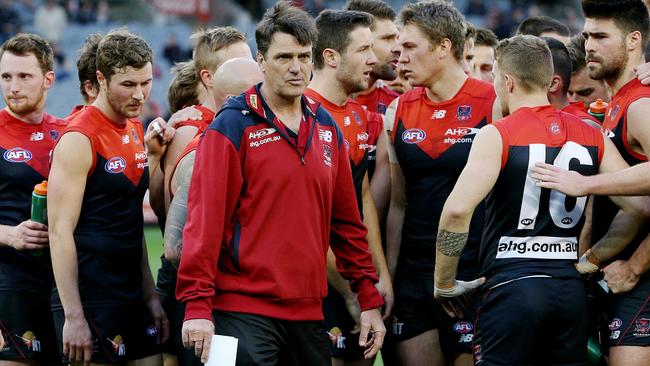 Paul Roos ponders his predicament as Melbourne were belted by GWS. Picture: Colleen Petch.