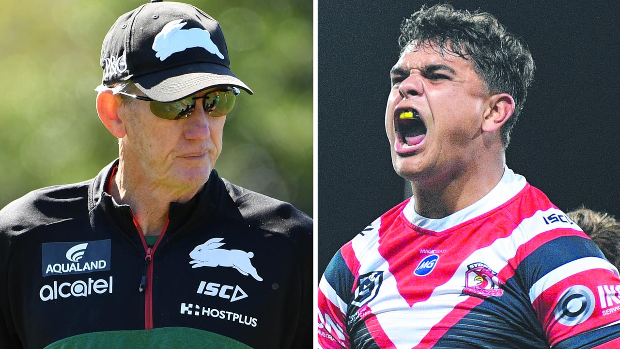 Rabbitohs coach Wayne Bennett and new recruit Latrell Mitchell.