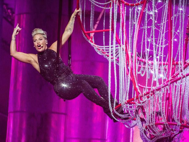 US singer Pink performs on the stage of the Paris-La Defense Arena during a concert as part of her 'Beautiful Trauma World Tour 2019'. Picture: AFP