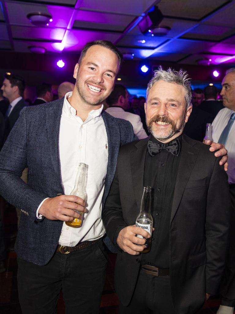 Stuart Valdal (left) of Valdal Projects with Mark Johnstone at the Downs and Western Housing and Construction Awards 2022 at Rumours International, Friday, July 22, 2022. Picture: Kevin Farmer