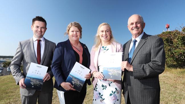 From left, Kingborough Mayor Dean Winter, Hobart Lord Mayor Anna Reynolds, Glenorchy Mayor Kristie Johnston and Clarence Mayor Doug Chipman at the signing of the Hobart City Deal. Picture: LUKE BOWDEN