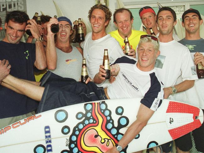 Fanning with his mates at Tweed Heads after winning the Rip Curl Pro at Bells Beach in 2001. Picture: Geoff McLachlan