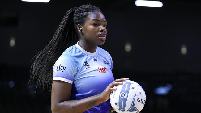 Grace Nweke warming up with the Mystics ahead of the ANZ Premiership grand final, where she won a third premiership with the club. match between the Pulse and Mystics at TSB Arena on August 04, 2024 in Wellington, New Zealand. (Photo by Hagen Hopkins/Getty Images)