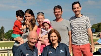 Martin Klumpp with his family at his beloved Bankstown Oval. Back row, Nicolas Klumpp, Juliana Pinto-Klumpp, Kylie Klumpp, Grace O'Donnell, Mark O'Donnell, Bevan Klumpp. Front, Martin and Maureen Klumpp.