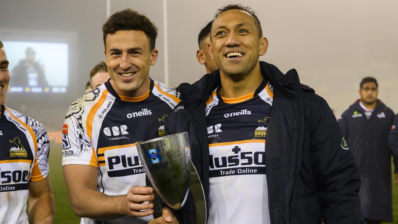 Brumbies Tom Banks and Christian Lealiifano with the Australian conference trophy.