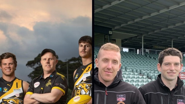 Kingborough captain Lachie Clifford, coach Trent Baumeler and vice-captain Ben Donnelly and North Launceston coach Brad Cox-Goodyer and co-captain Ben Simpson. Pictures: Chris Kidd and Jon Tuxworth.