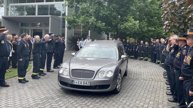 One Tree Hill CFS Brigade along with members from Para Group and SA CFS Region 2 formed a guard of honour for OTH CFS life member Vince Cozzitorto. A fitting tribute following 46 years of volunteer service to the SA CFS and One Tree Hill community. Picture: Di Scott / One Tree Hill CFS