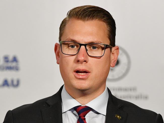 SA Minister for Transport and Infrastructure Stephan Knoll speaks to the media in Adelaide, Friday, May 29, 2020. The Australian Government is slowly reducing restrictions to boost the economy as the number of cases coronavirus cases decline. (AAP Image/David Mariuz) NO ARCHIVING