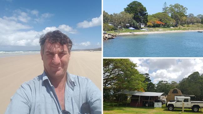 Long-time Straddie camper Michael Pavlic said he can’t book his favourite spot at Bradbury’s Beach, <i>bottom</i>, and Adam’s Beach is also shut, <i>top</i>.