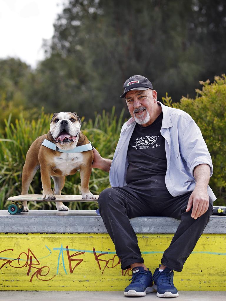 Giotto’s owners Greg and Dany Denaro designed and made a specially modified skateboard for their wonderdog. Picture: Sam Ruttyn