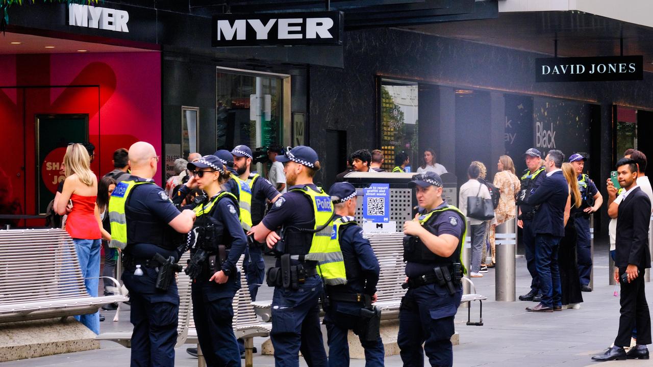 Victoria Police were visible along Bourke St Mall in mid-November, when Myer unveiled its Christmas windows display. Picture: Luis Enrique Ascui