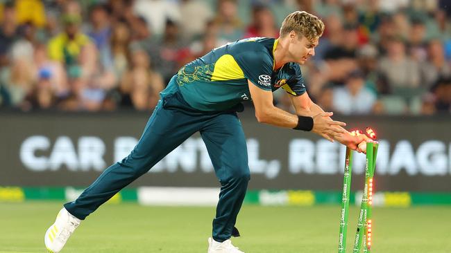 Spencer Johnson of Australia runs out Alzarri Joseph of the West Indies, but without anyone appealing he wasn’t given out. Picture: Sarah Reed/Getty Images.