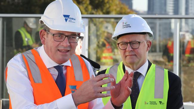 Victorian Premier Daniel Andrews and Prime Minister Anthony Albanese tour a new public housing site in Prahran, Victoria. Picture: NCA NewsWire / David Crosling