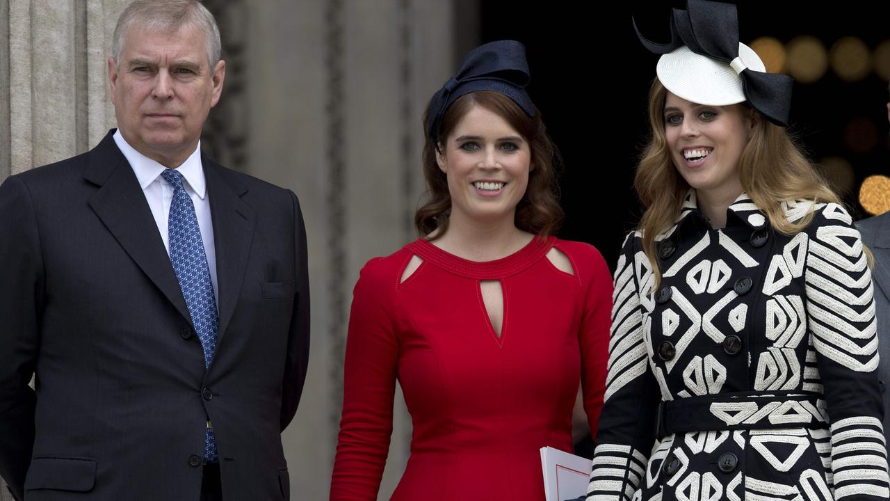 Prince Andrew, Princess Eugenie and Princess Beatrice. Picture: Justin Tallis/AFP