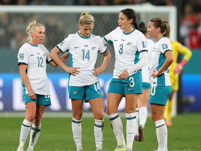 DUNEDIN, NEW ZEALAND - JULY 30: New Zealand players show dejection after the scoreless draw confirming the elimination from the tournament following the FIFA Women's World Cup Australia & New Zealand 2023 Group A match between Switzerland and New Zealand at Dunedin Stadium on July 30, 2023 in Dunedin, New Zealand. (Photo by Lars Baron/Getty Images)