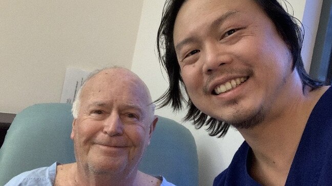 Peninsula Private Hospital neurosurgeon and Assoc. Prof. Jin Tee (r) used new cranial mapping equipment to remove two tumours from the brain of Arthur Nixon.