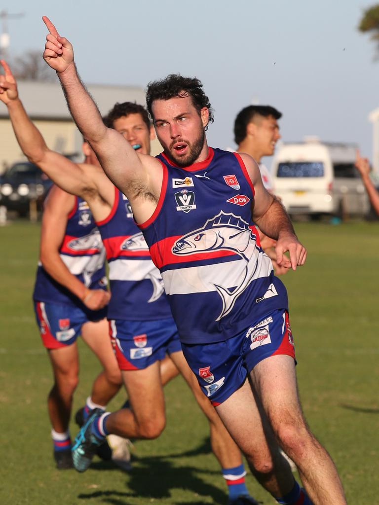 Queenscliff's Jordy McIvor-Clark celebrates a goal against Geelong Amateur. Picture: Alan Barber