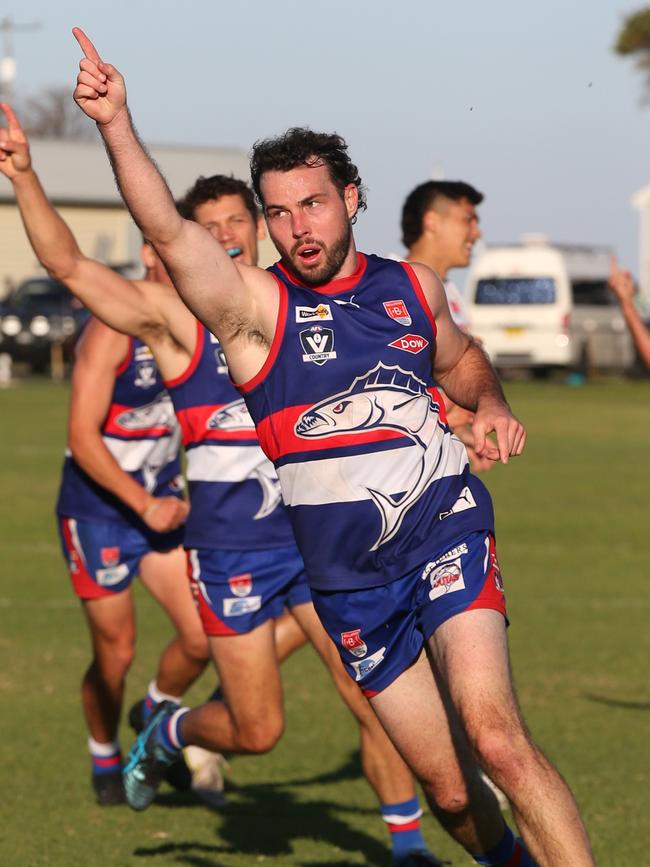 Queenscliff's Jordy McIvor-Clark celebrates a goal against Geelong Amateur. Picture: Alan Barber