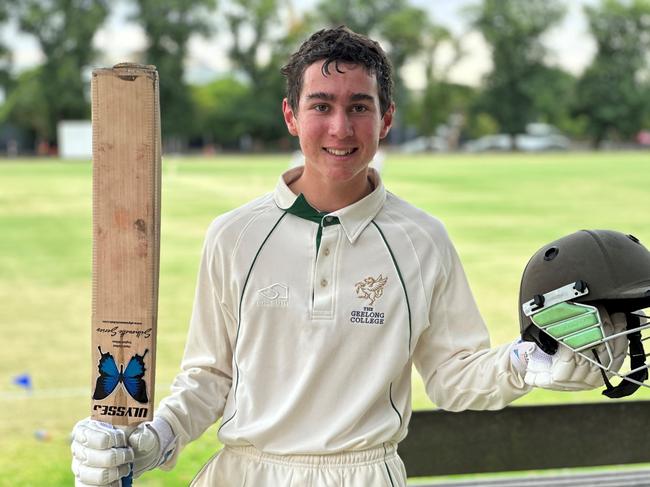 Tom Patterson after scoring 127 not out against Melbourne Grammar in Round 8. Picture: Geelong College Facebook