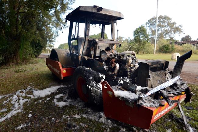 A Lismore City Council road roller was destroyed by fire on Winterton Parade, Lismore, near the racecourse. Picture: Cathy Adams