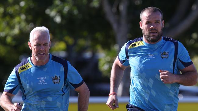 Tim Gabbett trains with former NRL player Nate Myles on the Gold Coast. Picture: Regi Varghese