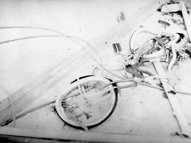 Cyclone Tracy caused major destruction to Darwin. Children’s bicycles that were destroyed by the wind less than one metre from where Kerry Byrnes cowered with his family during Cyclone Tracy. Picture: Kerry Byrnes.