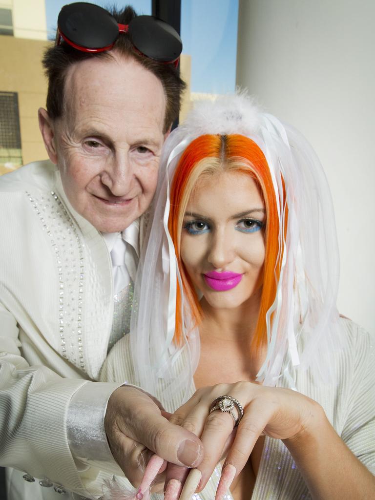 Geoffrey Edelsten and Gabi Grecko after their low-key Melbourne wedding. Picture: Nathan Dyer