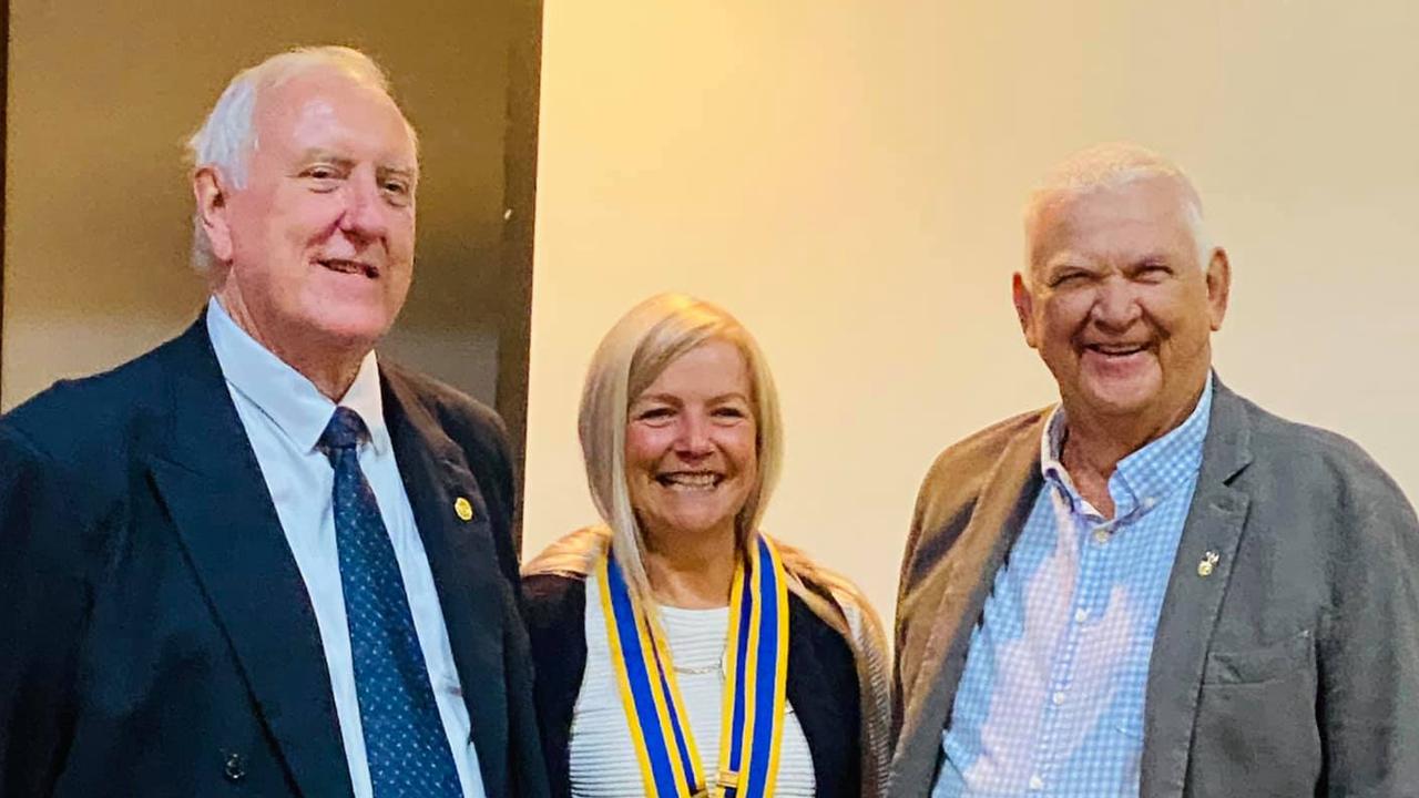 (Left to right) Outgoing president of Gympie-Cooloola Rotary Club Gary Davison, incoming president of combined clubs Karen Gresham, and outgoing president of Gympie Rotary Club Dennis Grenshaw at the combined changeover dinner on June 22.