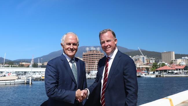 Prime Minister Malcolm Turnbull and Premier Will Hodgman on Hobart's waterfront at the announcement of the Hobart City Deal. Picture: LUKE BOWDEN