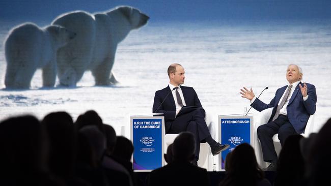 Prince William, left, interviews Sir David Attenborough at the annual meeting of the World Economic Forum in Davos, Switzerland, last month. Picture: AP