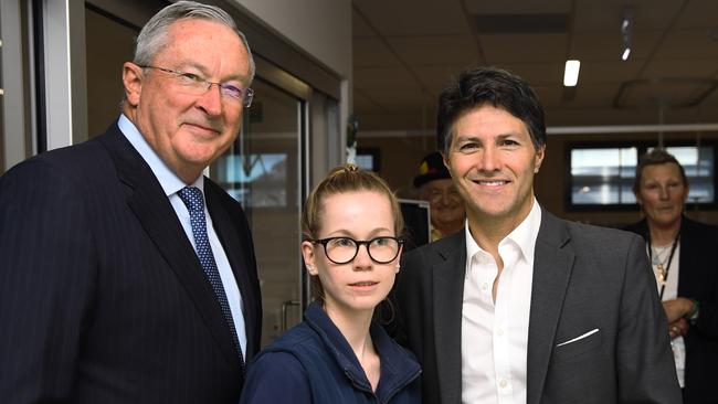 Health Minister Brad Hazzard and Ryde State Liberal MP Victor Dominello with registered nurse Sarah Plint. Picture: AAP/Keri Megelus